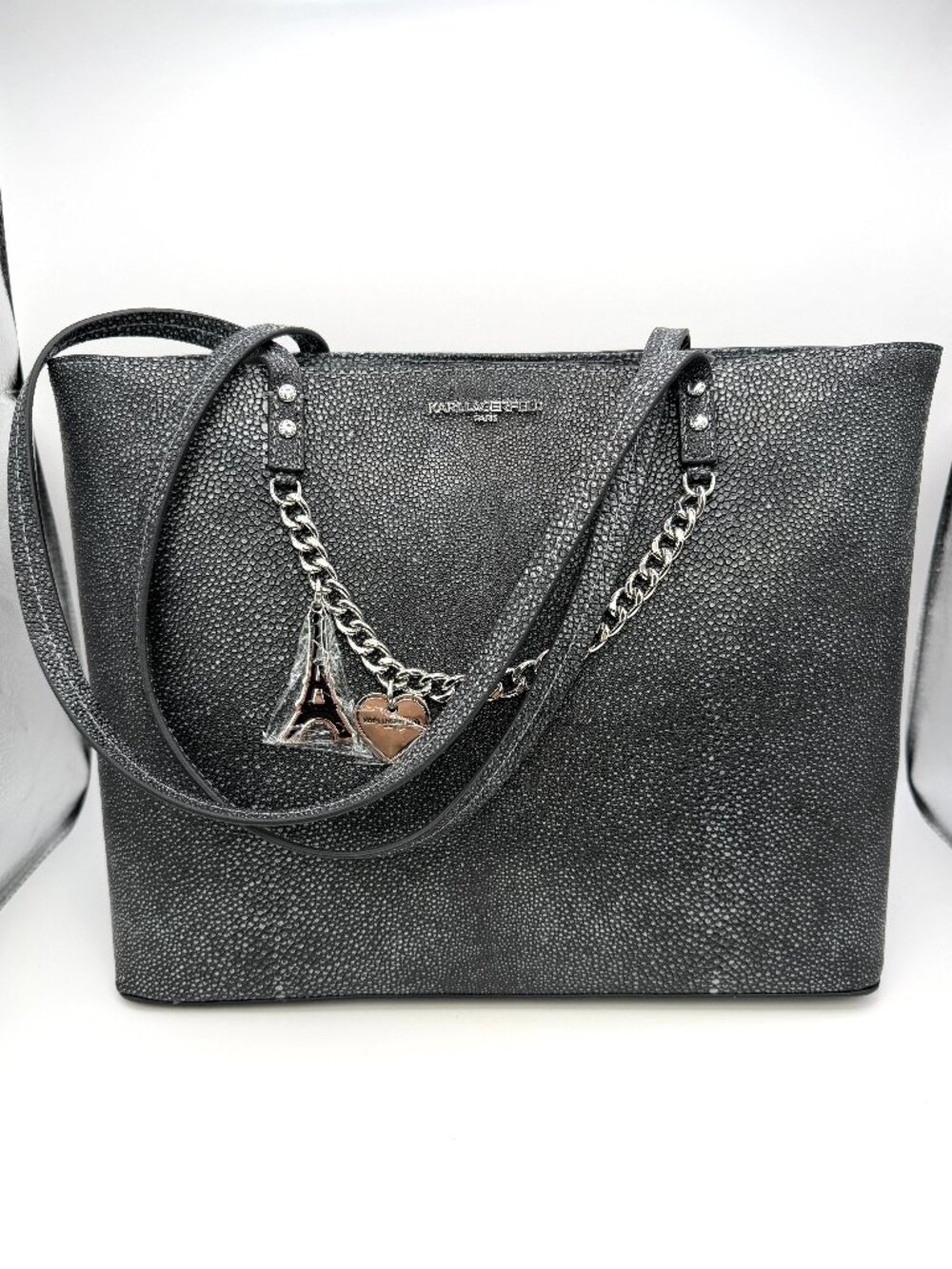 Karl Lagerfeld Paris Maybelle Black Textured Tote Bag Eiffel Tower Charm NWT